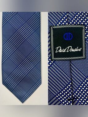 Untipped DAVID DONAHUE Navy and Royal Blue Plaid Silk Classic Tie, 3.25”
